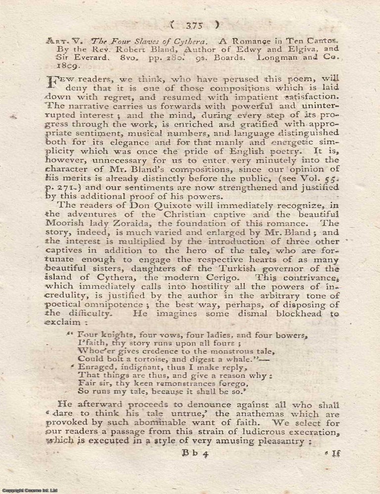 Item #362801 Review: The Rev. Robert Bland's Four Slaves of Cythera (1809). An article printed in 1810, written by an Unnamed Author for the Monthly Review : 7 pages. REV. ROBERT BLAND'S FOUR SLAVES OF CYTHERA 1809.