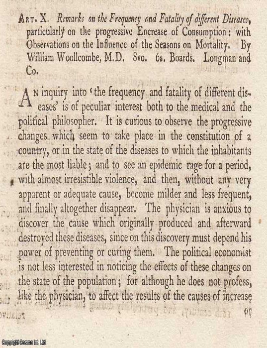 Item #362803 Review: William Woollcombe on the Frequency and Fatality of Diseases (1810). An article printed in 1810, written by an Unnamed Author for the Monthly Review : 4 pages. WILLIAM WOOLLCOMBE ON THE FREQUENCY AND FATALITY OF DISEASES 1810.