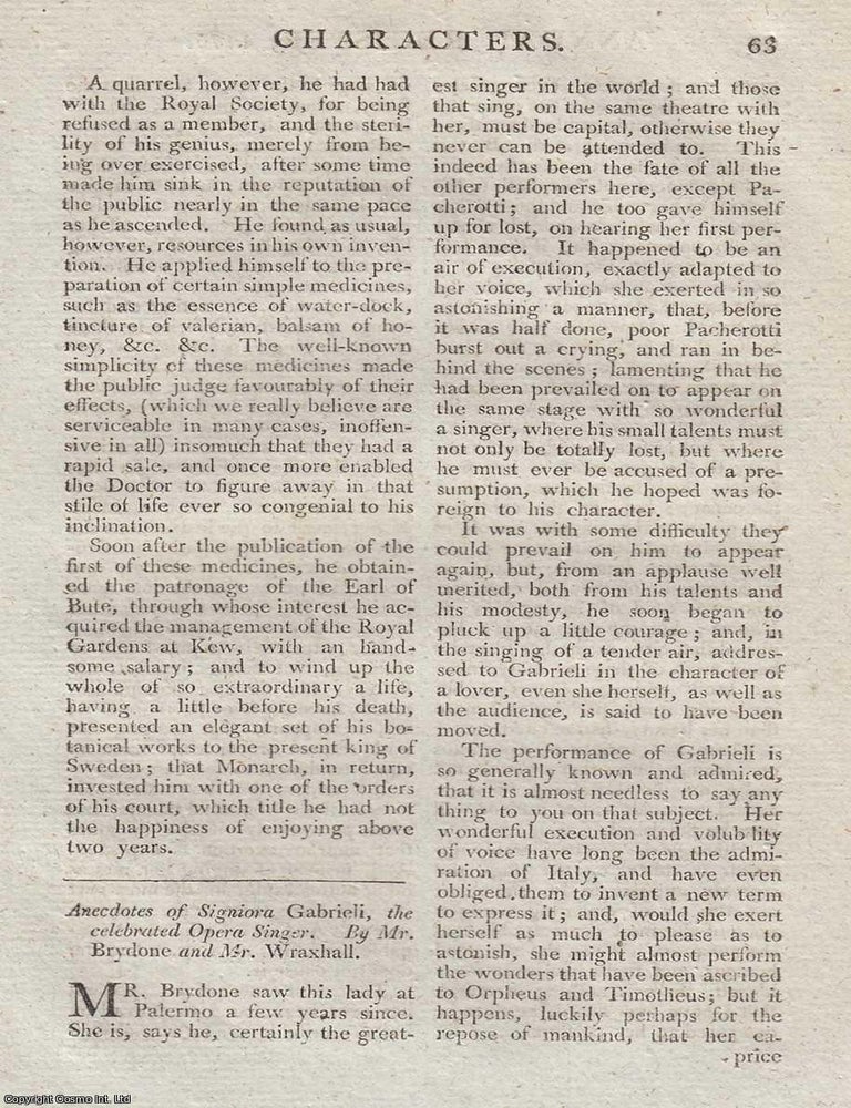 Item #362804 Gabrieli Remembered: Portrait of an Eighteenth Century Operatic Star. An article printed in 1775 : 5 pages. GABRIELI REMEMBERED: PORTRAIT OF AN OPERATIC STAR 1775.