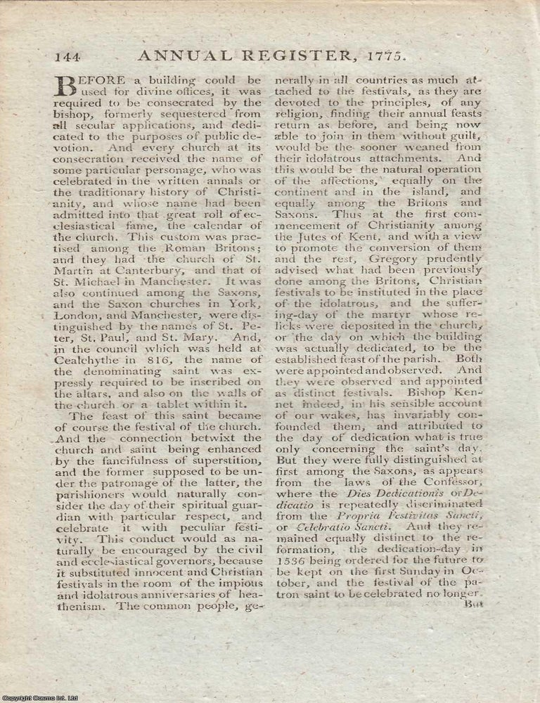 Item #362808 Origins of English Festivity: How Wakes and Fairs Took Shape. An article printed in 1775 : 4 pages. HOW ENGLISH FESTIVITY BEGAN: THE EARLY EVOLUTION OF WAKES AND FAIRS.