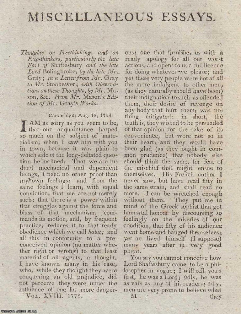 Item #362811 Reflections on Scepticism: The Rise and Reach of Freethinking. An article printed in 1775, written by an Unnamed Author for the Annual Register : 4 pages. THE RISE OF FREETHINKING: REFLECTIONS ON SCEPTICISM IN THE ENLIGHTENMENT.