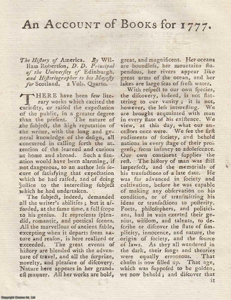 Item #362835 William Robertson's History of America: Scope, Themes, and Interpretive Approach. An...