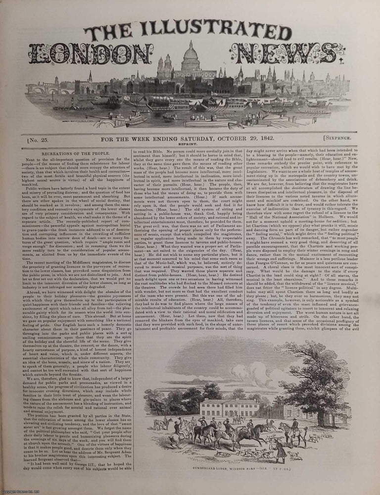 Item #362876 ILN 1842 : Recreations pf the People; The Corn Exchange, Mark Lane; Catching a Whale off Deptford Pier; Drury Lane Theatre; Brighton; All contained in a COMPLETE original issue of The Illustrated London News. Issue No 25, October 29, 1842. A rare, original issue from The Illustrated London News, carefully removed and preserved : an important artifact of journalism's golden age! ILLUSTRATED LONDON NEWS.