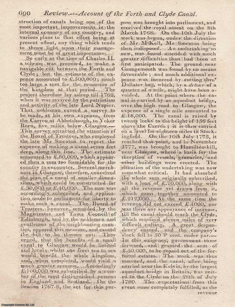 Item #362932 Account of the Forth and Clyde Canal Navigation, by James Hopkins. An article...