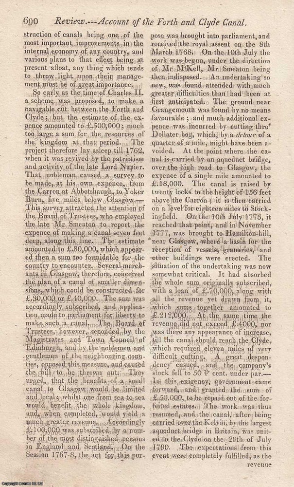Item #362932 Account of the Forth and Clyde Canal Navigation, by James Hopkins. An article...