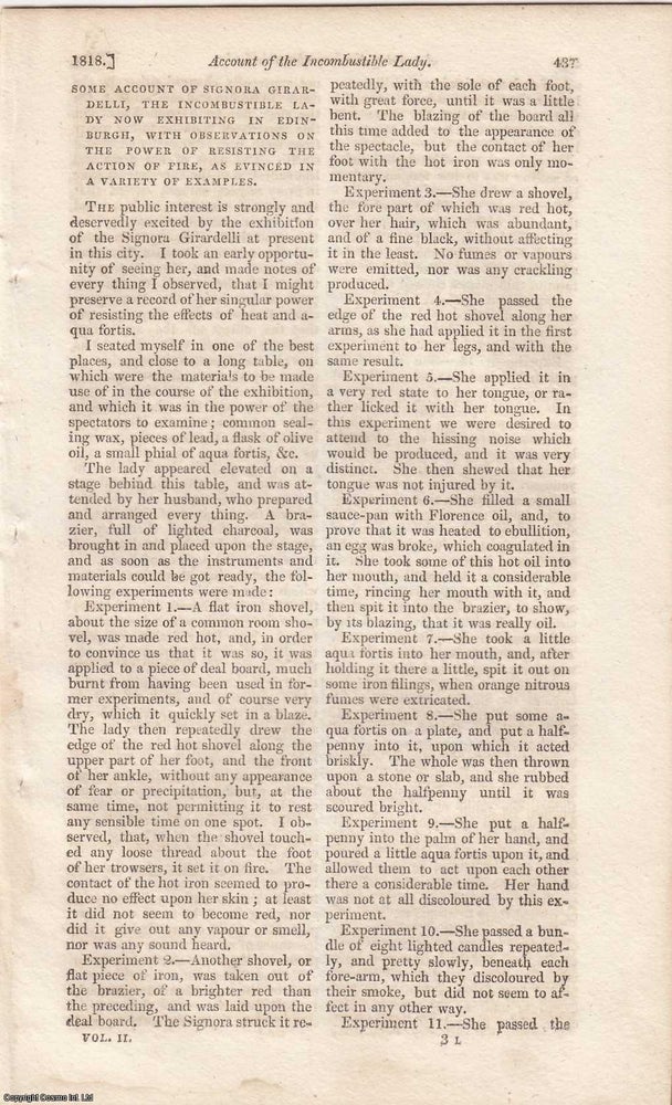 Item #362941 Josephine Girardelli, the Incombustible Lady, with Observations on Resistance to...