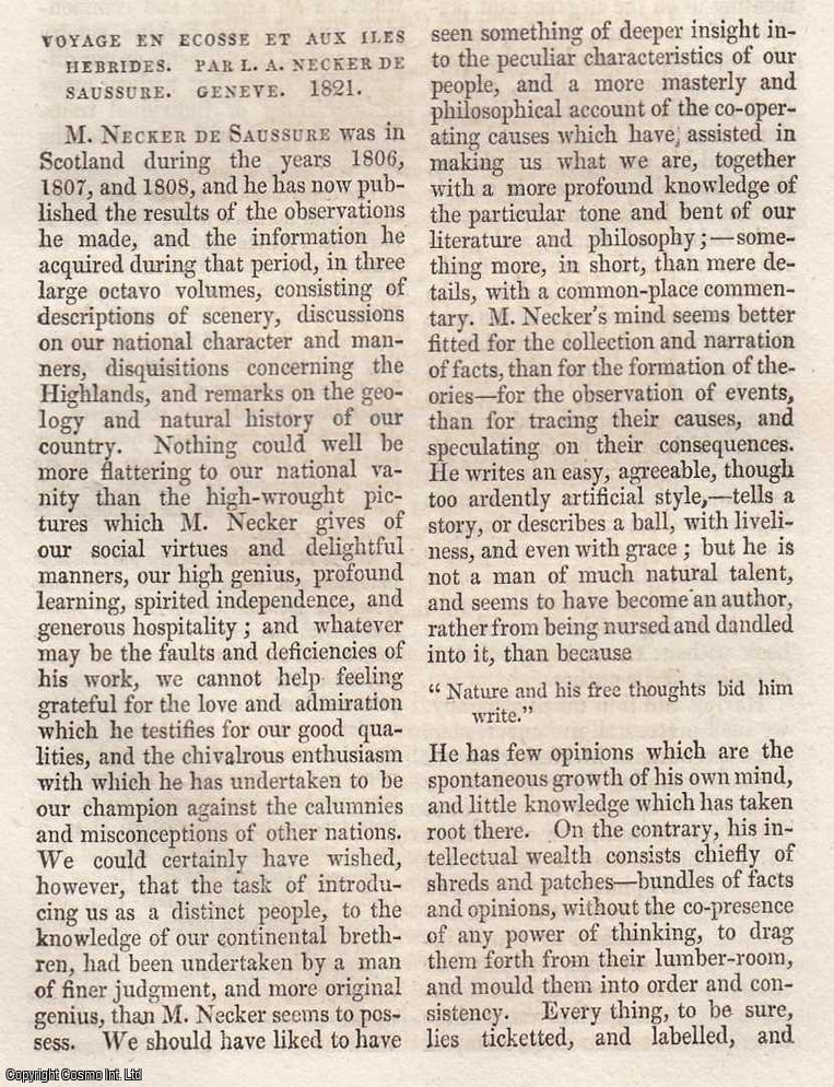 Item #362952 A Voyage to the Hebrides, or Western Isles of Scotland, by Necker. An article...