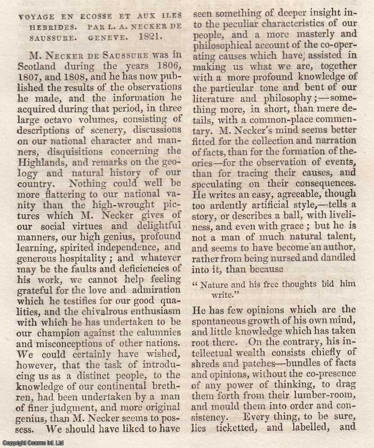 Item #362952 A Voyage to the Hebrides, or Western Isles of Scotland, by Necker. An article...