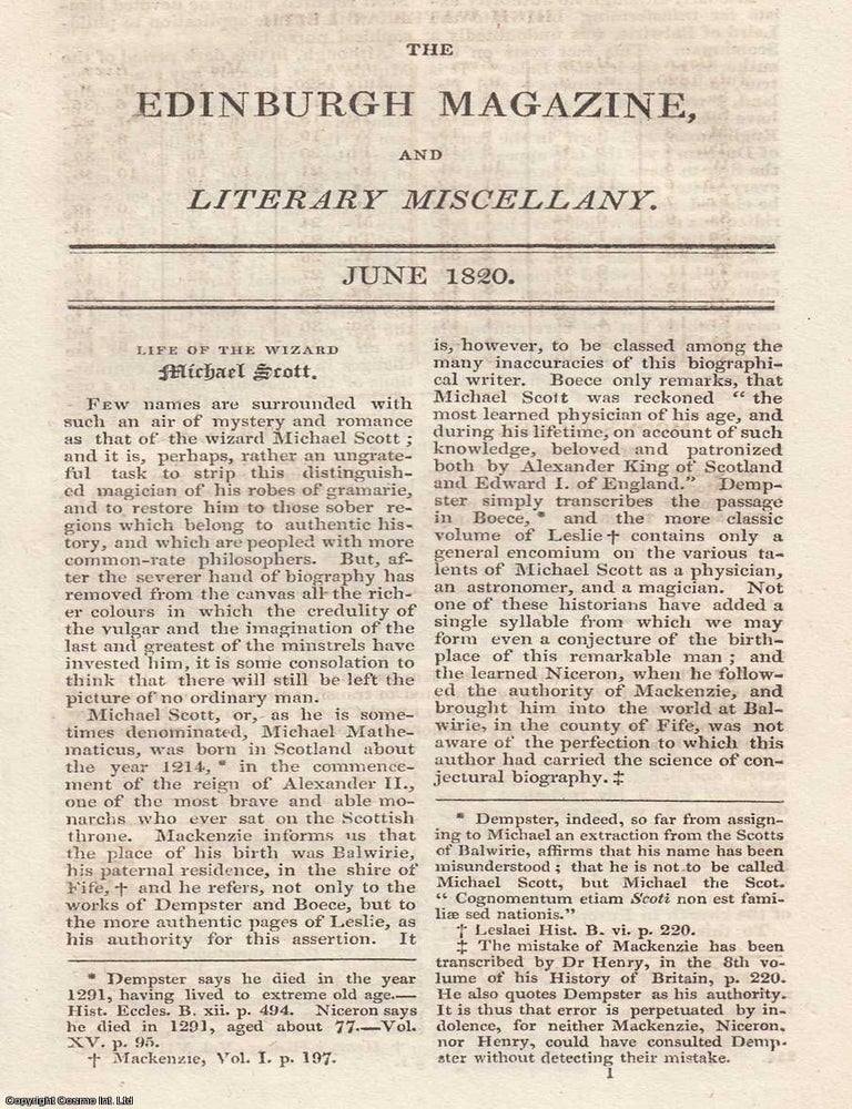 Item #362961 Life of the Wizard Michael Scott. Part I. An article printed in 1820, written by an...