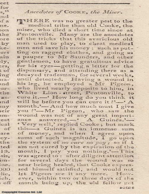 Item #362975 Anecdotes of Cooke the Miser. An article printed in 1815, written by an Unnamed...