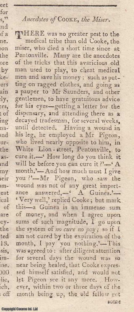 Item #362975 Anecdotes of Cooke the Miser. An article printed in 1815, written by an Unnamed...