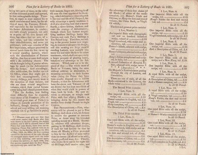 Item #362981 Plan for a Lottery of Books in 1665. An article printed in 1815, written by an...