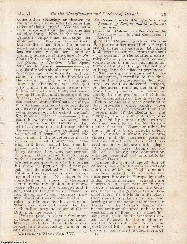 Item #363018 Account of the Manufactures and Produce of Bengal and Adjacent Provinces. An article...