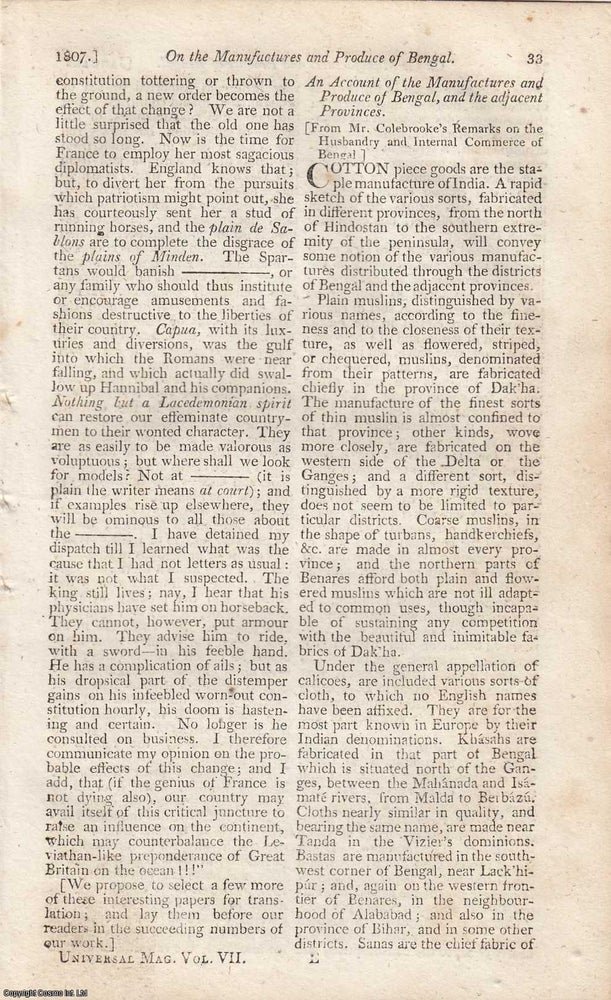 Item #363018 Account of the Manufactures and Produce of Bengal and Adjacent Provinces. An article...
