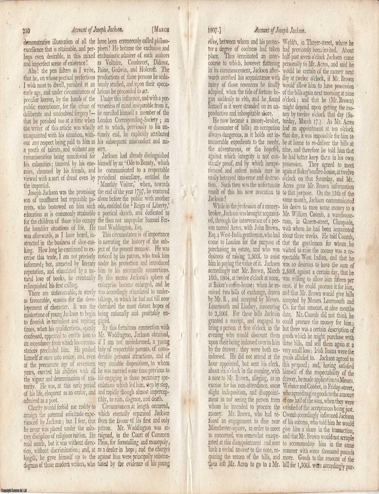 Item #363022 Account of Joseph Jackson, a Poet, Little Known. An article printed in 1807, written...
