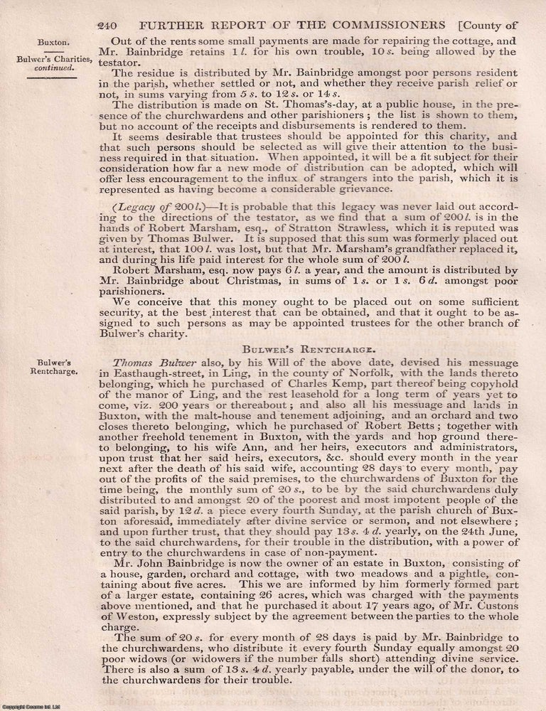 Item #363088 Charitable Endowments in Norfolk: The Parishes of Buxton, Cawston, Colby and Others, 1835. An article printed in 1835, written by the Charity Commissioners : 20 pages. CHARITABLE ENDOWMENTS IN NORFOLK 1835.