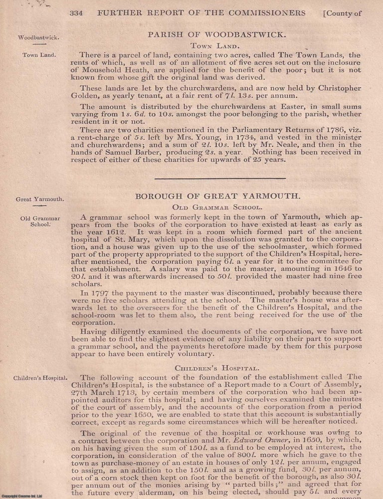 Item #363098 The Borough of Great Yarmouth: A Review of Local Charities, 1835. An article printed...
