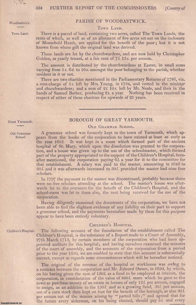Item #363098 The Borough of Great Yarmouth: A Review of Local Charities, 1835. An article printed...