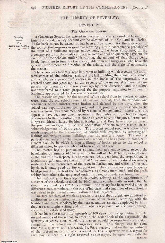Item #363102 Endowments of the Liberty of Beverley, Yorkshire, 1839. An article printed in 1839,...