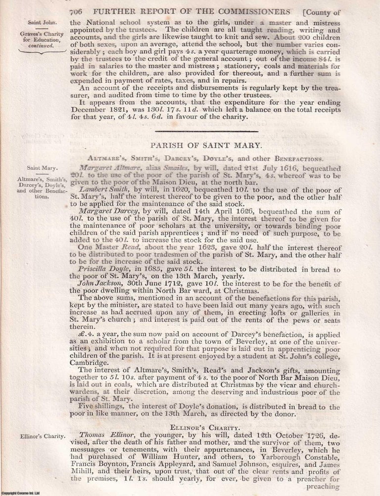 Item #363103 Charitable Trusts in the Parish of Saint Mary, Yorkshire, 1839. An article printed...