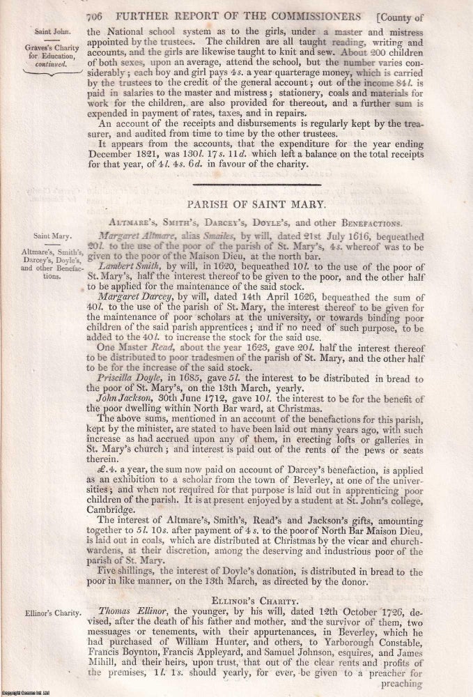 Item #363103 Charitable Trusts in the Parish of Saint Mary, Yorkshire, 1839. An article printed...