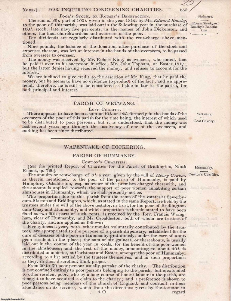 Item #363104 Charitable Endowments Across the East Riding: Wapentake of Dickering, Parish of...