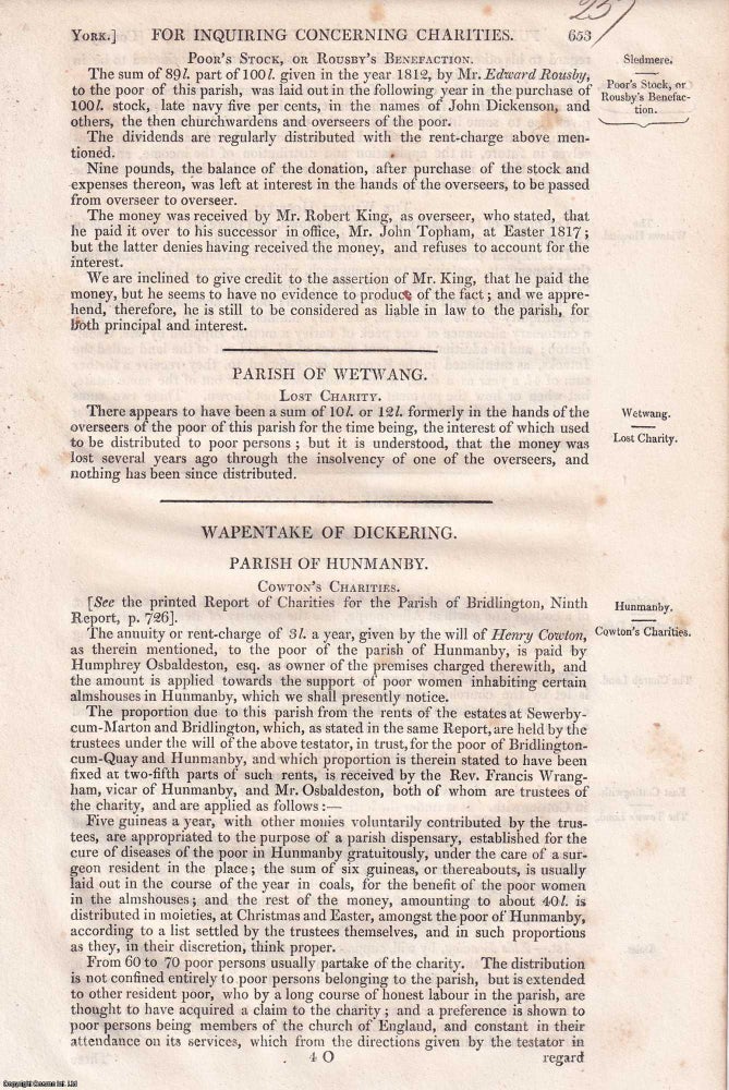 Item #363104 Charitable Endowments Across the East Riding: Wapentake of Dickering, Parish of...