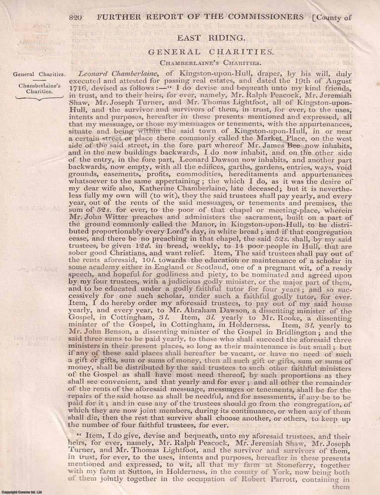 Item #363109 General Charities of the East Riding, Yorkshire, 1839. An article printed in 1839,...