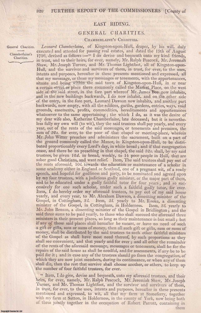 Item #363109 General Charities of the East Riding, Yorkshire, 1839. An article printed in 1839,...
