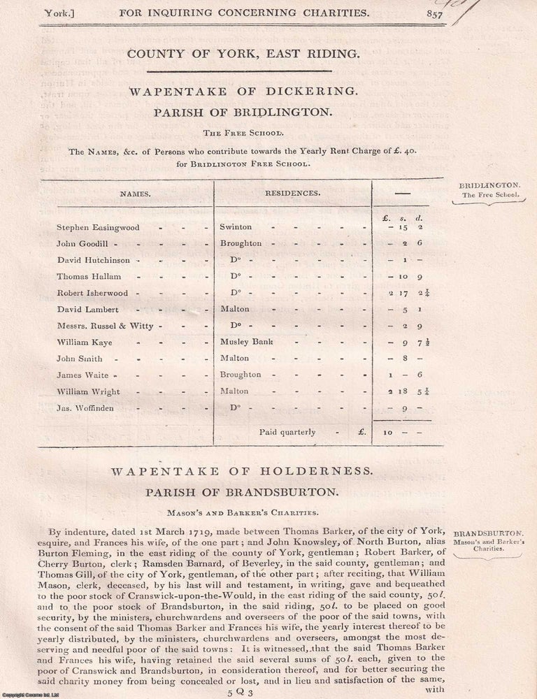 Item #363110 Charities of Holderness and Hull: The Wapentake of Holderness, the Charter House or...