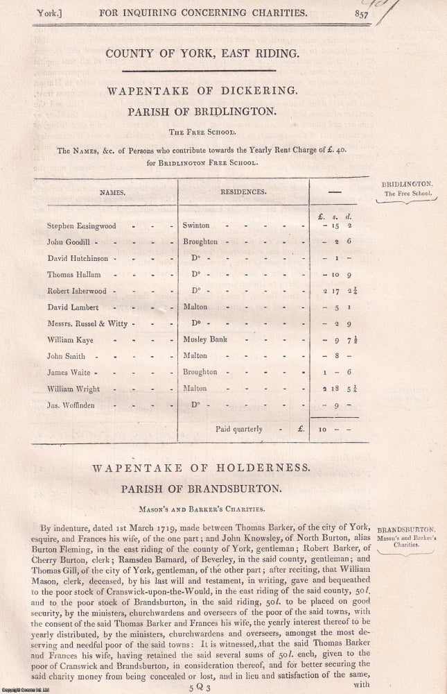 Item #363110 Charities of Holderness and Hull: The Wapentake of Holderness, the Charter House or...