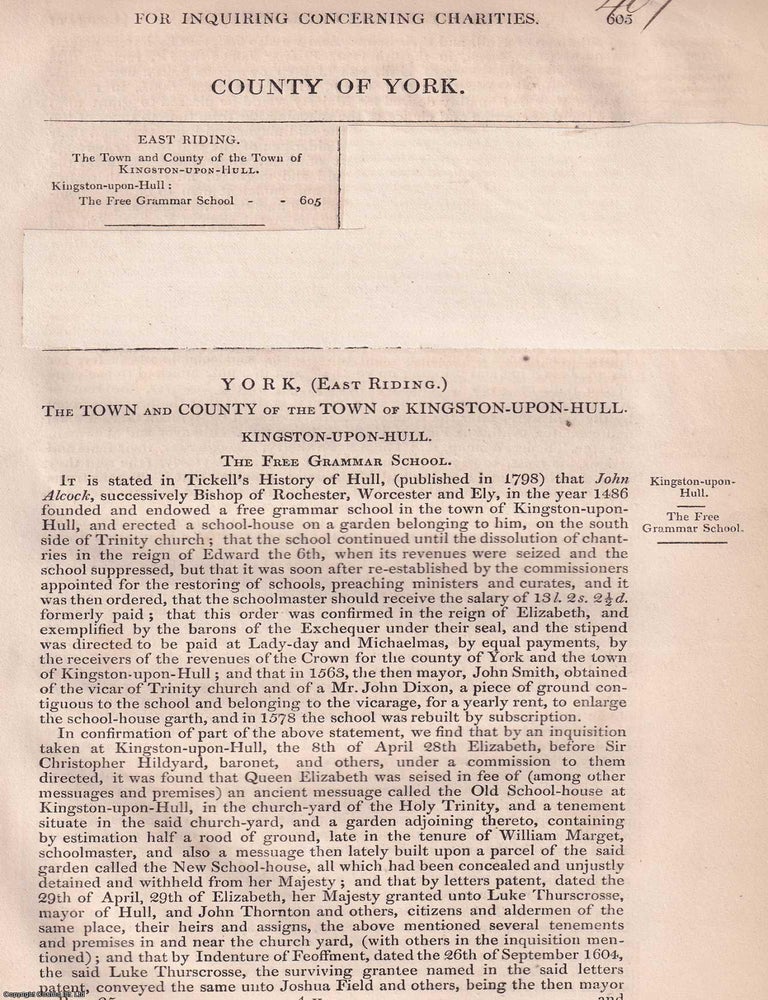 Item #363113 Educational and Almshouse Charities in Kingston upon Hull: The Free Grammar School...