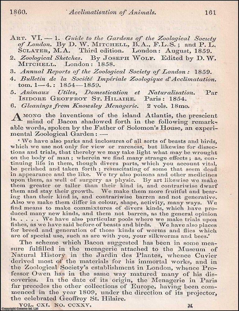 Item #363122 Animals in New Environments: The Acclimatisation Debate. An article printed in 1860, written by D. W. Mitchell : 28 pages. ACCLIMATISATION DEBATE ON ANIMALS IN NEW ENVIRONMENTS 1860.