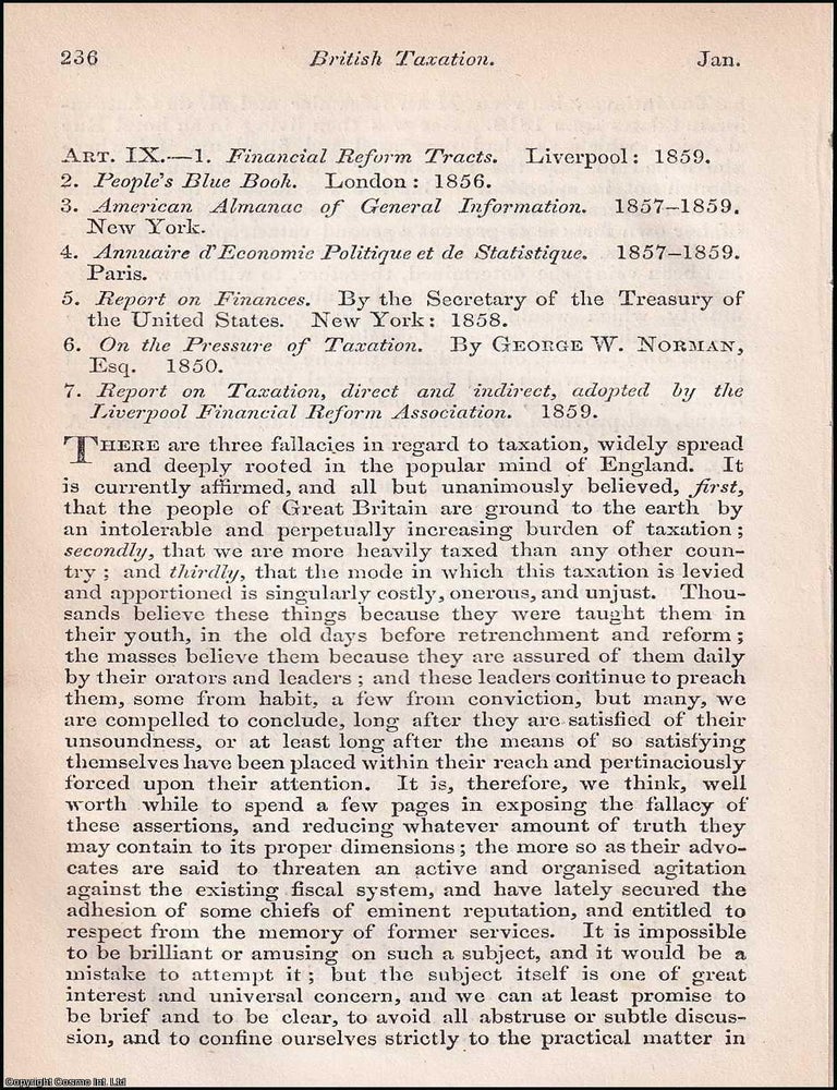 Item #363124 The Burden and Balance of Revenue: British Taxation Reviewed. An article printed in 1860, written by W. R. Greg : 36 pages. BRITISH TAXATION REVIEWED: BURDEN AND BALANCE 1860.