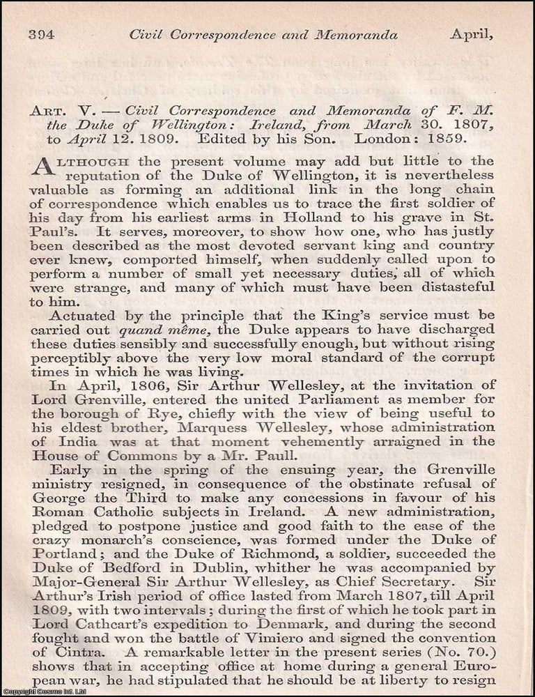 Item #363126 Statesmanship in Correspondence: The Civil Papers of the Duke of Wellington. An article printed in 1860, written by M. J. Higgins : 29 pages. THE DUKE OF WELLINGTON'S CIVIL PAPERS 1860.