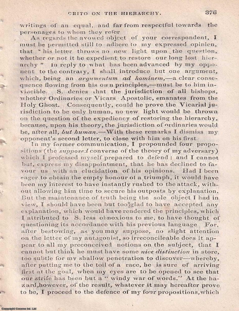 Item #363151 Crito on the Hierarchy: The Rev. Mr Curr and the S. Controversy. An article printed in 1835, written by an Unnamed Author : 53 pages. CRITO ON THE HIERARCHY AND THE CURR CONTROVERSY 1835.