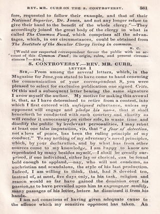 Crito on the Hierarchy: The Rev. Mr Curr and the S. Controversy. An article printed in 1835, written by an Unnamed Author : 53 pages.