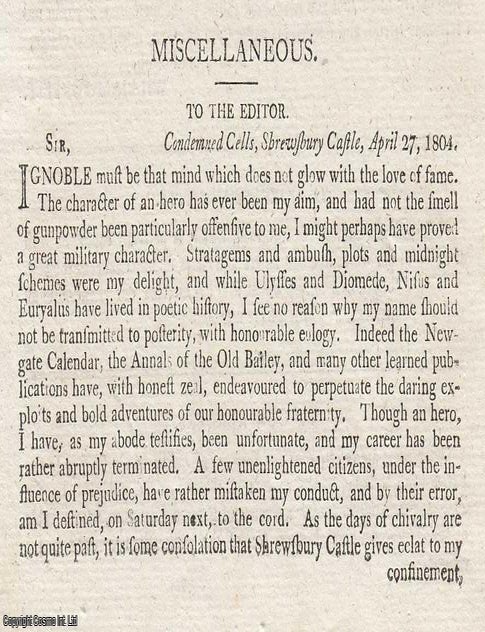 Item #363233 Condemned Cells, Shrewsbury Castle, 27 April 1804: A Letter from William Forfeit. An...