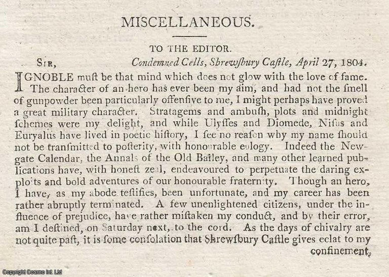 Item #363233 Condemned Cells, Shrewsbury Castle, 27 April 1804: A Letter from William Forfeit. An...