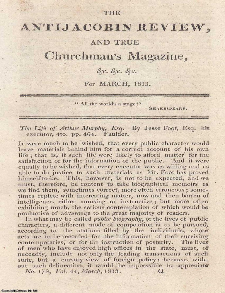 Item #363238 Arthur Murphy (Charles Ranger): Life, Career, and Literary Associations. An article...