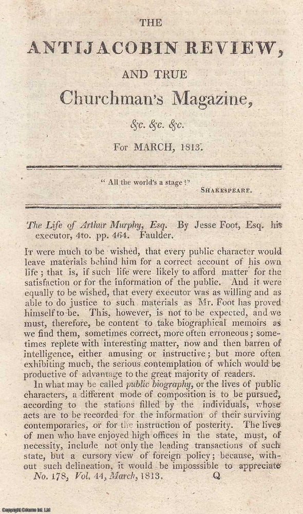 Item #363238 Arthur Murphy (Charles Ranger): Life, Career, and Literary Associations. An article...