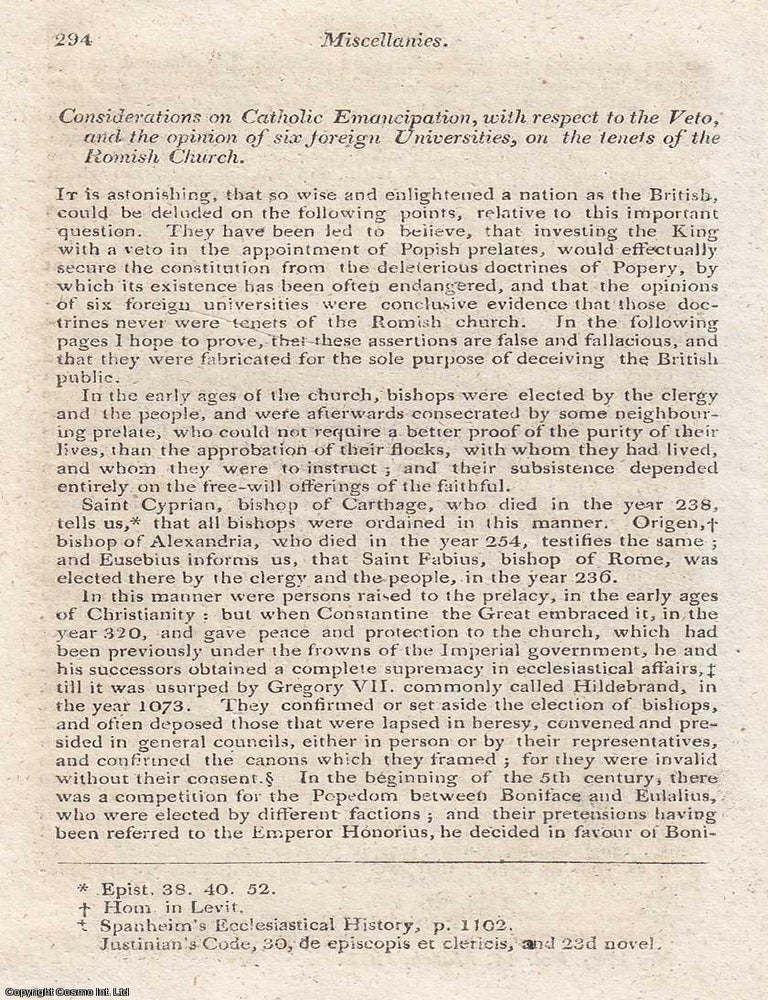 Item #363239 Catholic Emancipation Debated: The Veto Question and Opinions of Six Foreign...