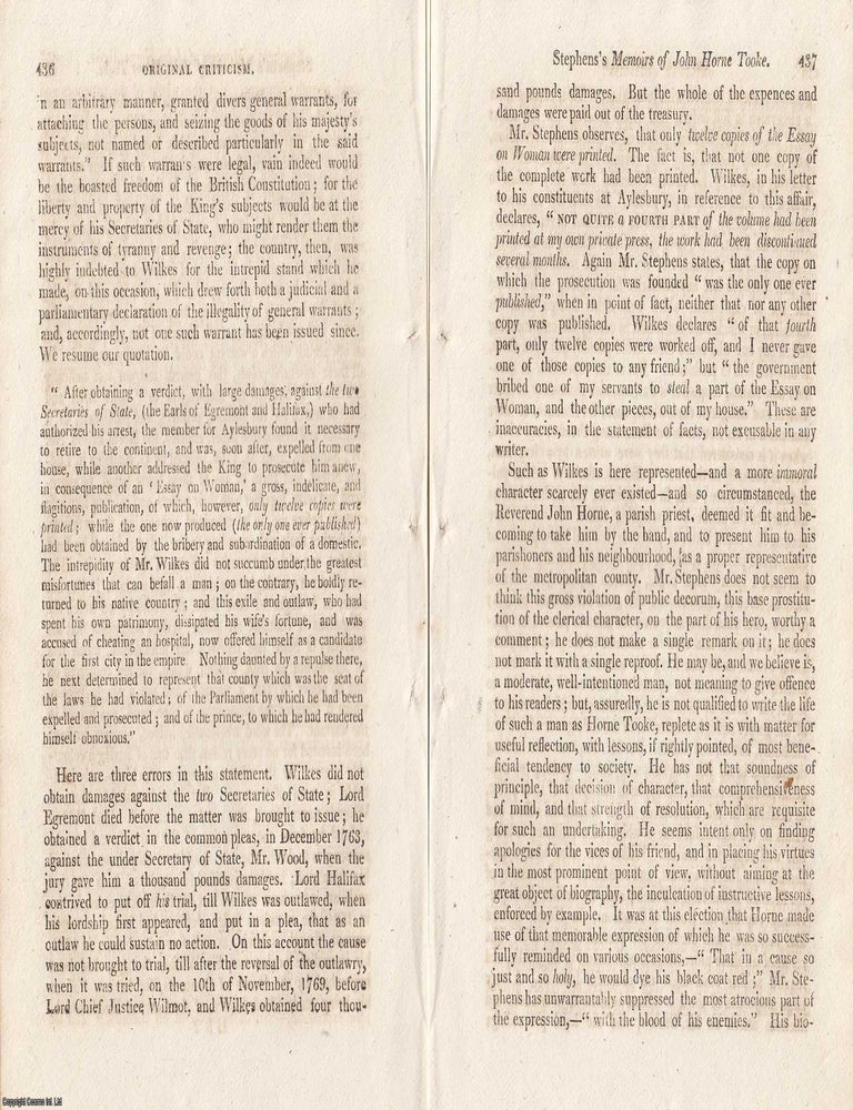 Item #363250 Memoirs of John Horne Tooke: Life, Politics, and Intellectual Influence. An article...