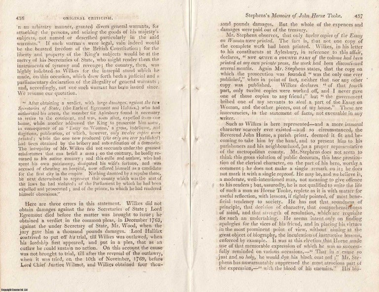 Item #363250 Memoirs of John Horne Tooke: Life, Politics, and Intellectual Influence. An article...