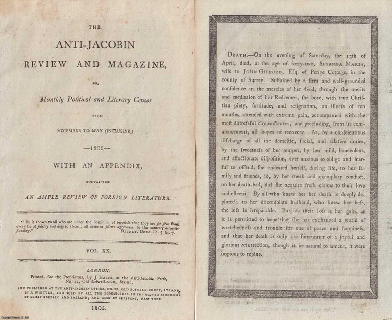 Item #363253 Susanna Maria Gifford (d. 13 April 1805): A Brief Memorial Notice. An article...
