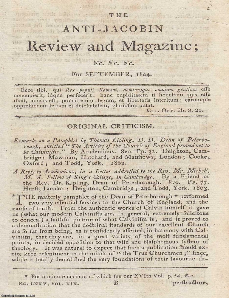 Item #363254 Academicus on Dr Thomas Kipling: Remarks and Controversies Examined. An article...
