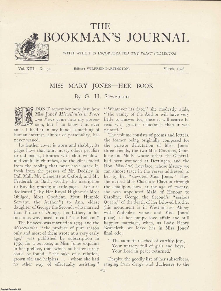 Item #363270 Miss Mary Jones:Her Book A Study of a Personal Volume and Its Context. An article...