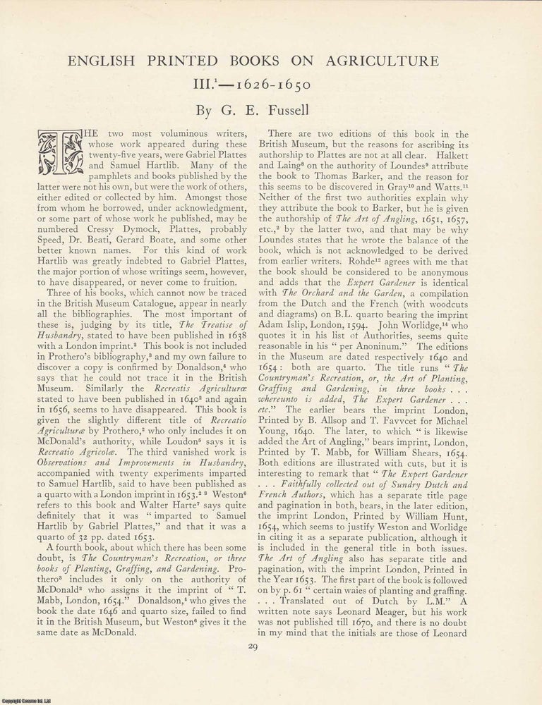 Item #363275 English Printed Books on Agriculture, 1626&ndash;1650. An article printed in 1925,...