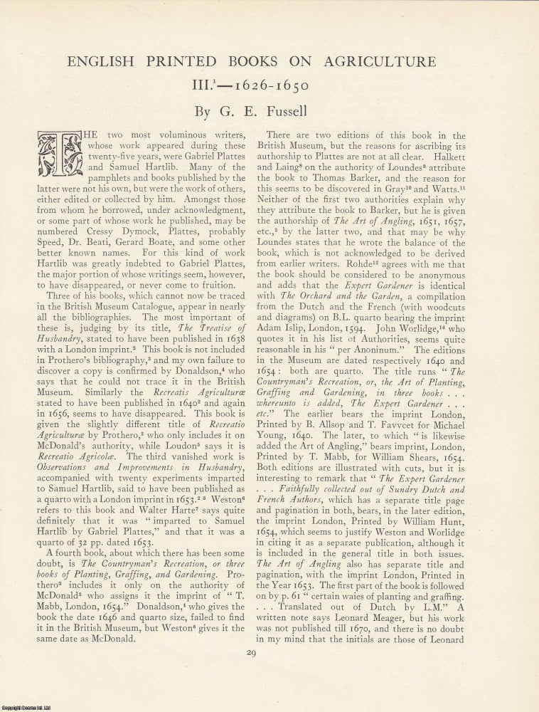 Item #363275 English Printed Books on Agriculture, 1626–1650. An article printed in 1925,...