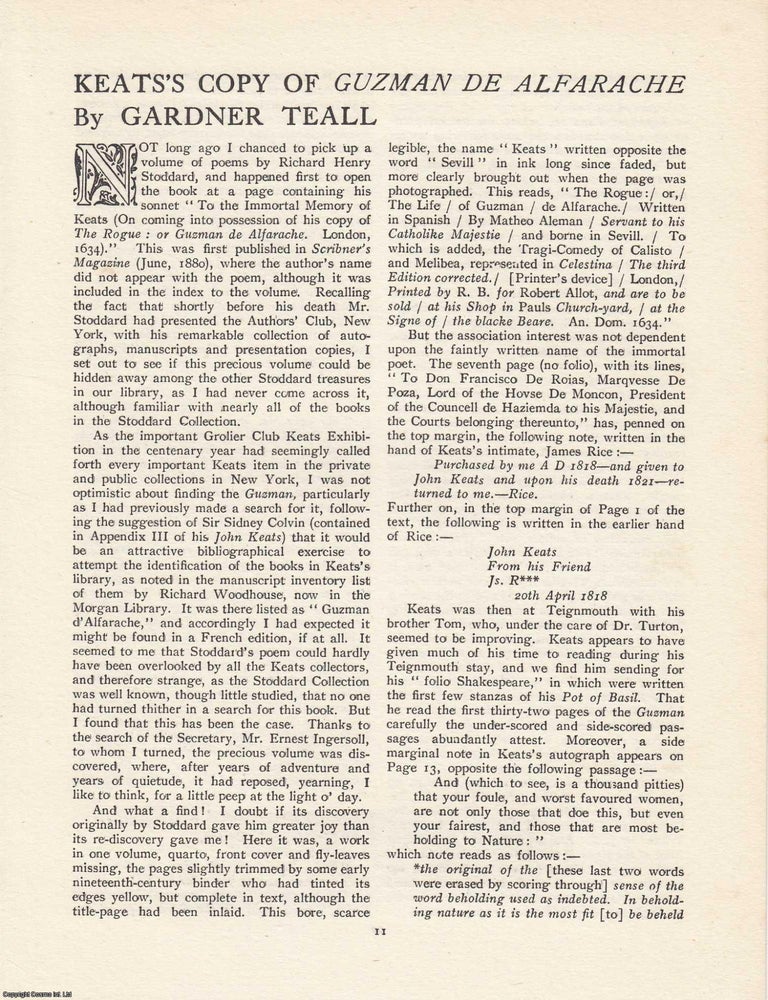 Item #363279 Keats&rsquo;s Copy of Guzman de Alfarache: Provenance and Literary Interest. An article...